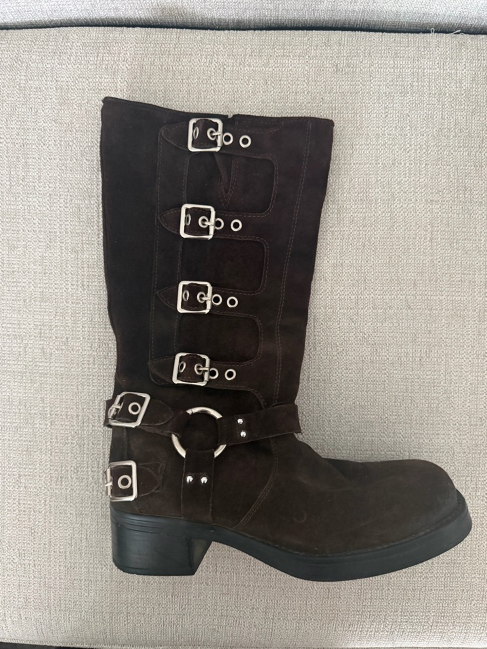 Steve Madden Brocks Chocolate Brown Suede Buckle Slouch Mid-Calf Moto Boots - Picture 4 of 12